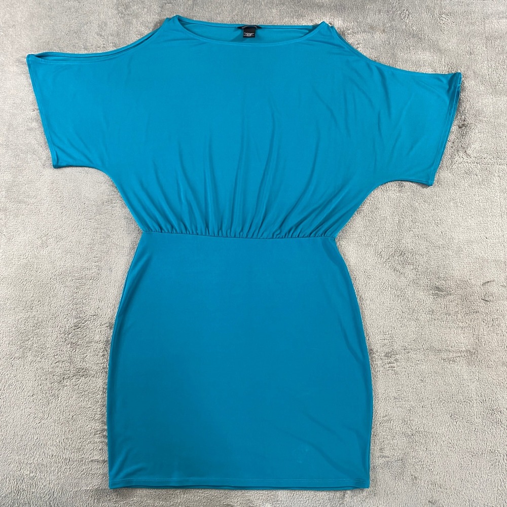 Moda International Dress Womens M Teal Cold Shoulder Dolman Mini Elastic Waist - Picture 2 of 10